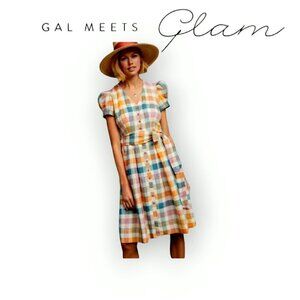 Gal Meets Glam Linen Puff Sleeve Plaid Midi Dress Pockets Tie Waist Size S